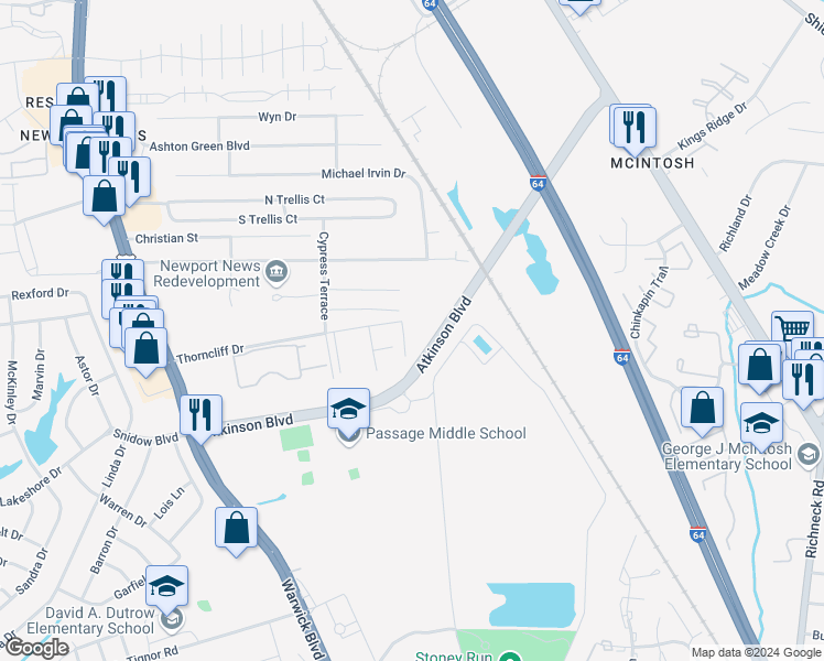 map of restaurants, bars, coffee shops, grocery stores, and more near 520 Mary Robert Lane in Newport News