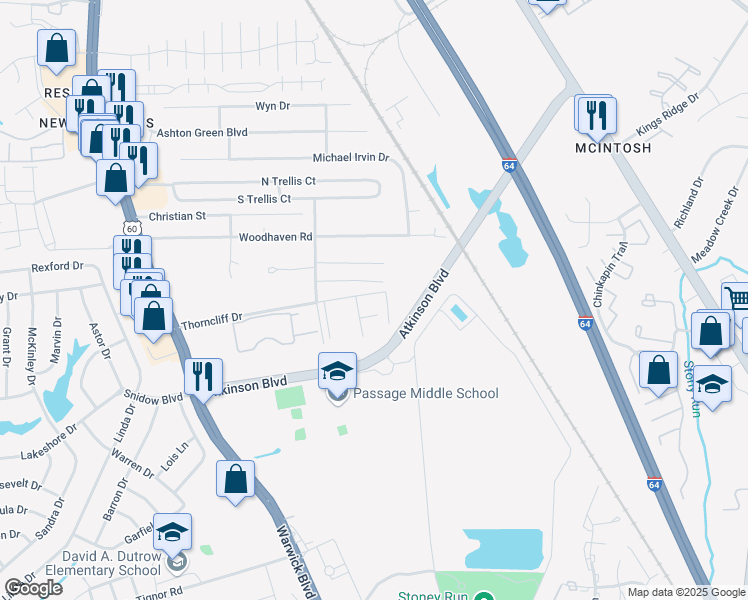map of restaurants, bars, coffee shops, grocery stores, and more near 520 Thorncliff Drive in Newport News