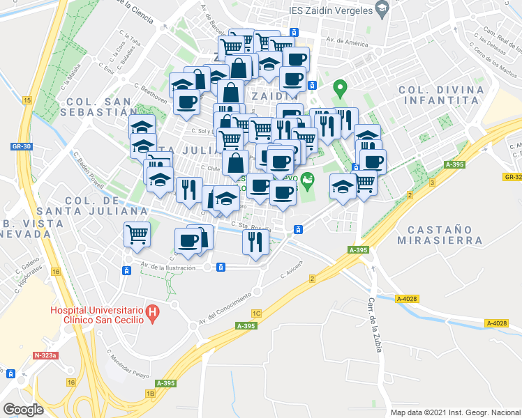 map of restaurants, bars, coffee shops, grocery stores, and more near 34 Travesía Ebro in Granada