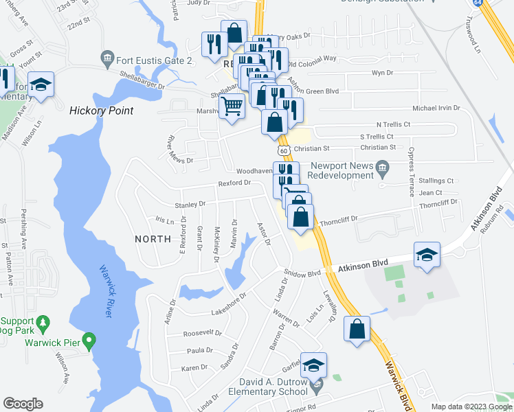 map of restaurants, bars, coffee shops, grocery stores, and more near 34 Astor Drive in Newport News
