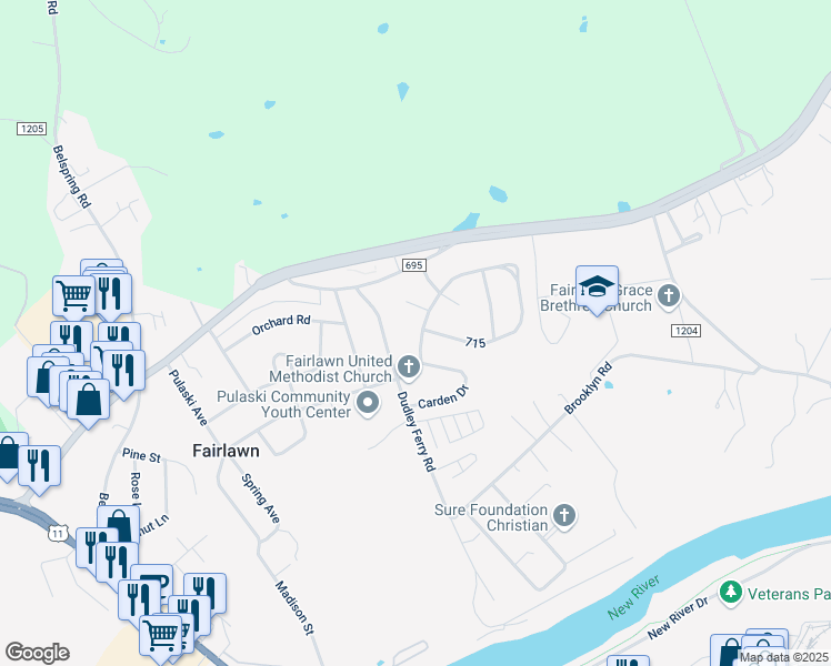 map of restaurants, bars, coffee shops, grocery stores, and more near 7613 715 in Fairlawn