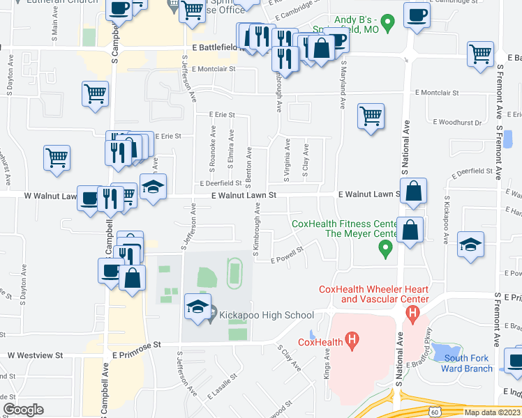 map of restaurants, bars, coffee shops, grocery stores, and more near 705 East Jewett Street in Springfield