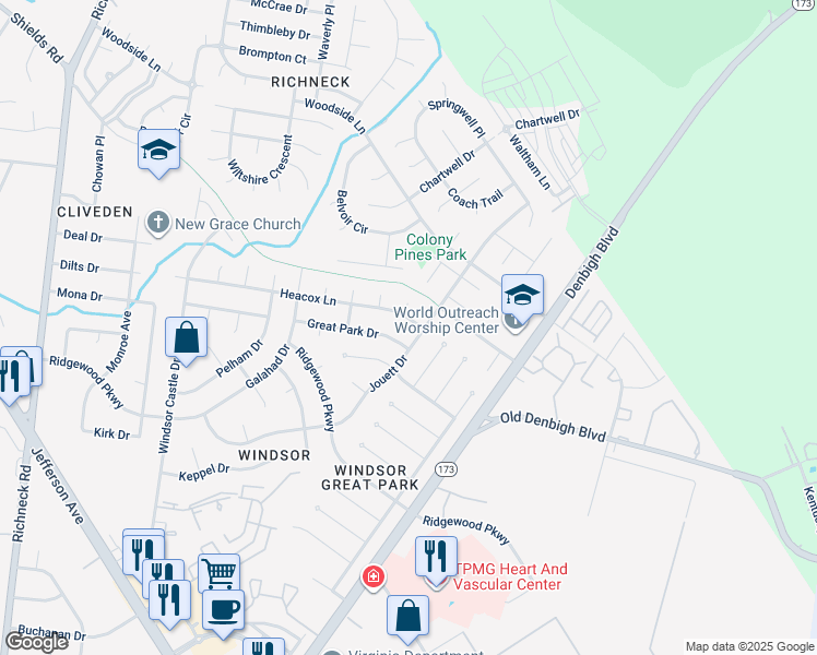 map of restaurants, bars, coffee shops, grocery stores, and more near 530 Heacox Lane in Newport News