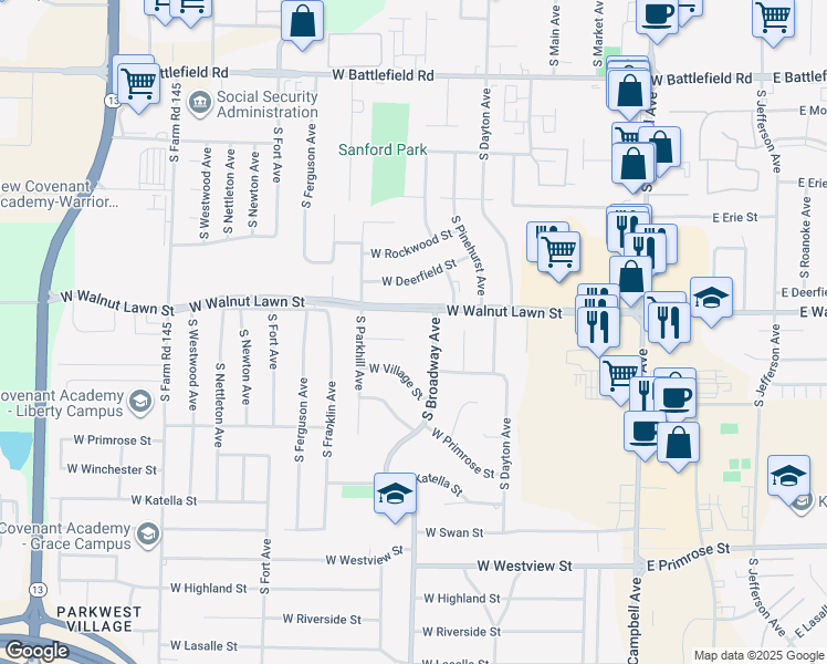 map of restaurants, bars, coffee shops, grocery stores, and more near 815 West Mel-O Court in Springfield