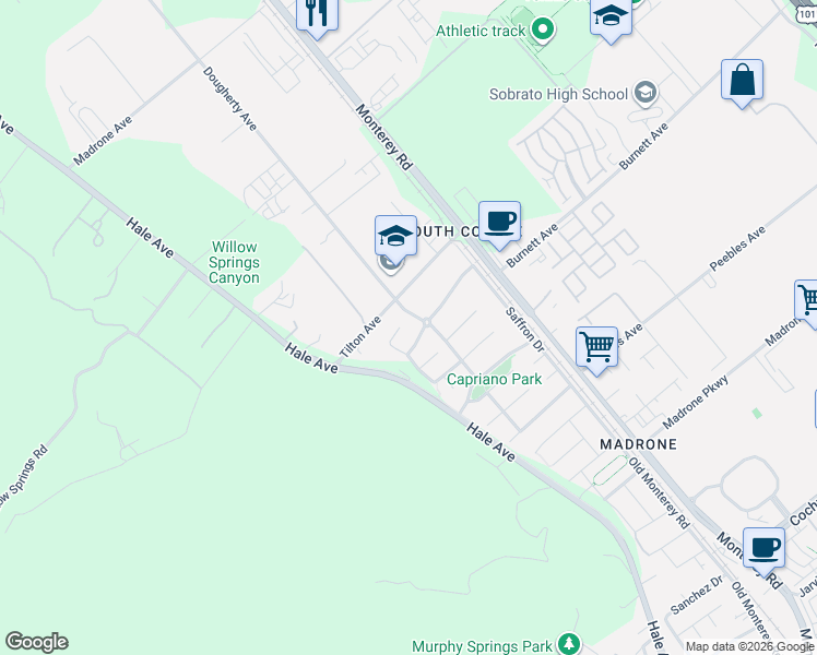 map of restaurants, bars, coffee shops, grocery stores, and more near 220 Cilantro Court in Morgan Hill