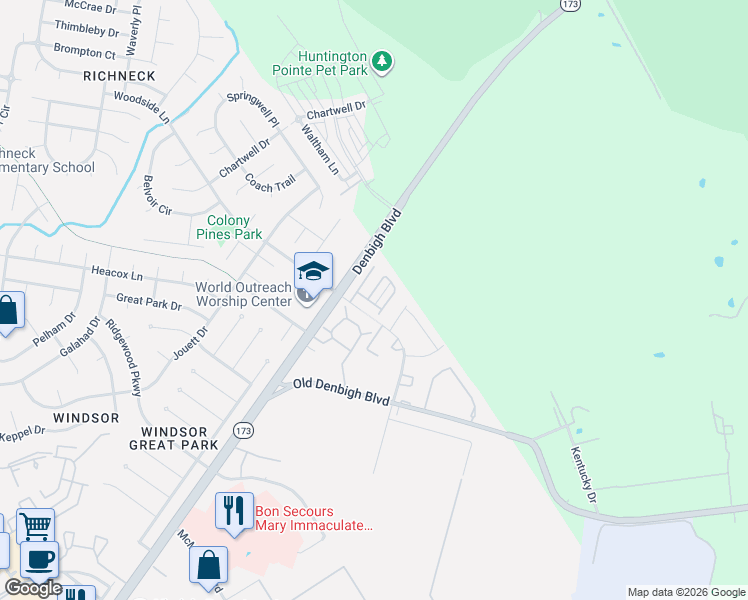 map of restaurants, bars, coffee shops, grocery stores, and more near 1022 Hollymeade Circle in Newport News