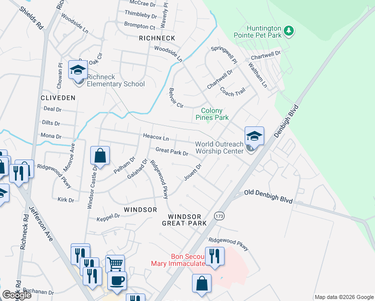 map of restaurants, bars, coffee shops, grocery stores, and more near 519 Great Park Drive in Newport News