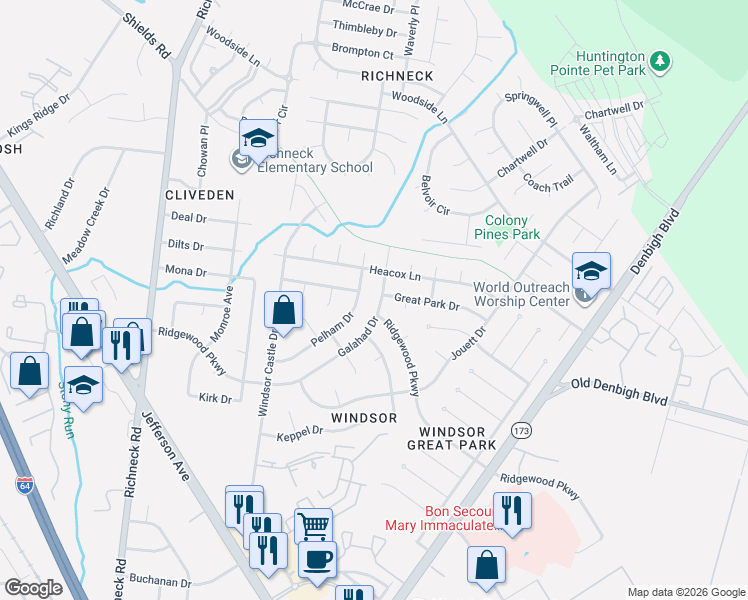 map of restaurants, bars, coffee shops, grocery stores, and more near 731 Galahad Drive in Newport News