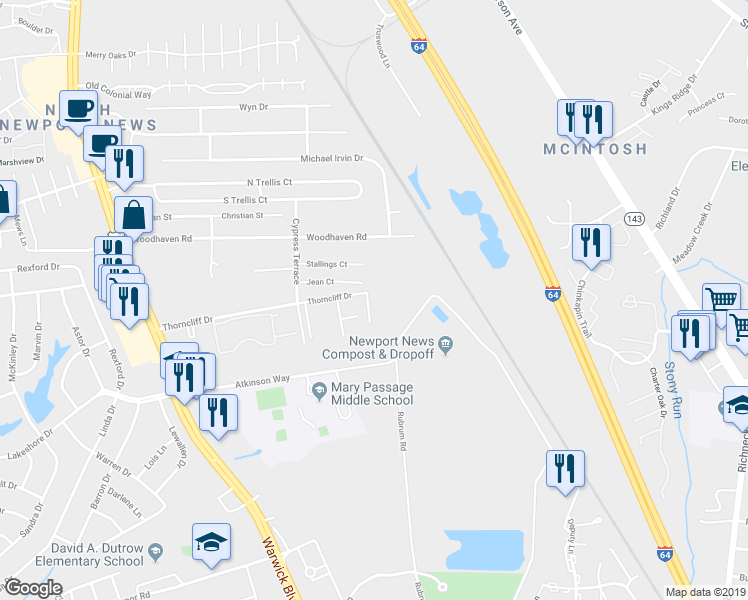 map of restaurants, bars, coffee shops, grocery stores, and more near 520 Mary Robert Lane in Newport News