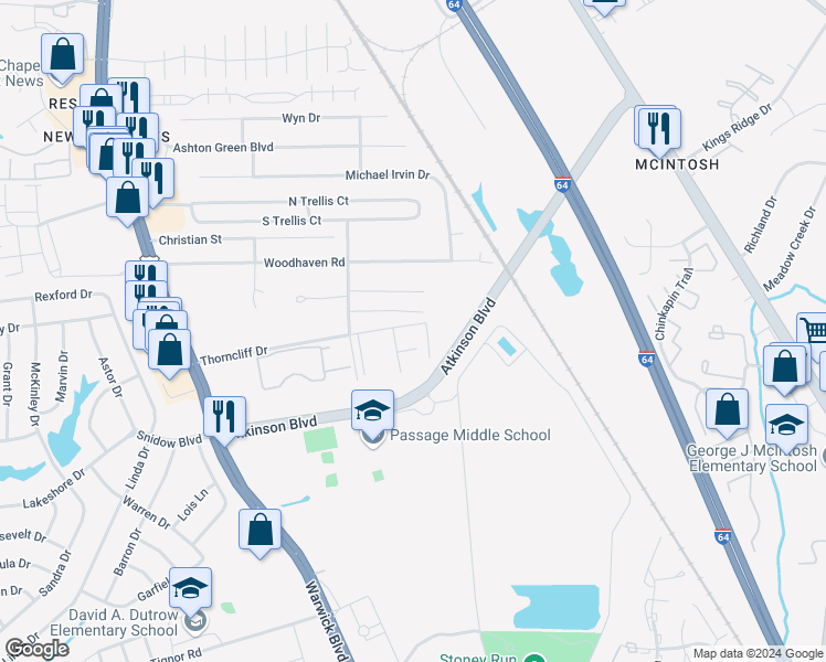 map of restaurants, bars, coffee shops, grocery stores, and more near 520 Thorncliff Drive in Newport News
