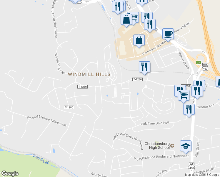 map of restaurants, bars, coffee shops, grocery stores, and more near 610 Cambria Street Northwest in Christiansburg