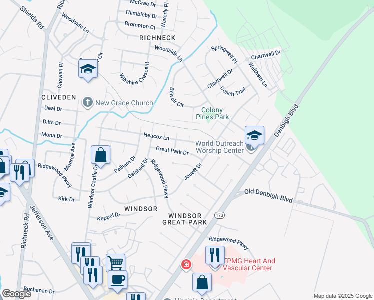 map of restaurants, bars, coffee shops, grocery stores, and more near 523 Great Park Drive in Newport News
