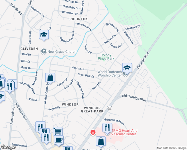 map of restaurants, bars, coffee shops, grocery stores, and more near 523 Great Park Drive in Newport News