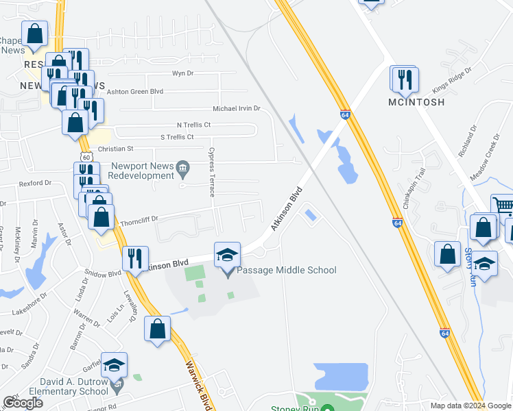 map of restaurants, bars, coffee shops, grocery stores, and more near 515 Mary Robert Lane in Newport News