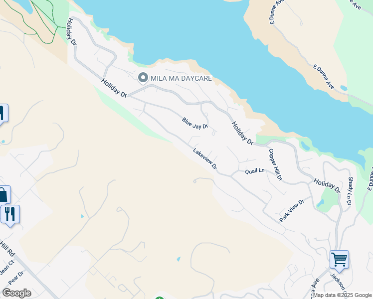 map of restaurants, bars, coffee shops, grocery stores, and more near 17391 Lakeview Drive in Morgan Hill