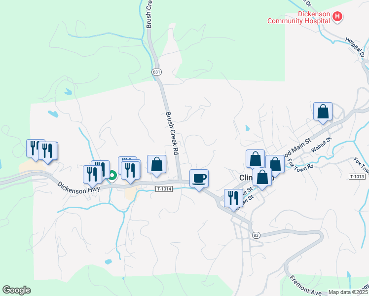 map of restaurants, bars, coffee shops, grocery stores, and more near C C Drive in Clintwood