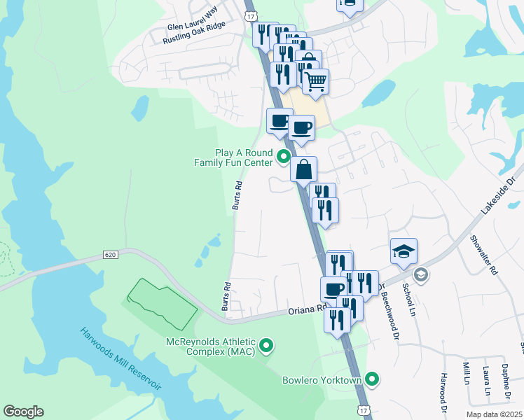 map of restaurants, bars, coffee shops, grocery stores, and more near 168 Virginia Lane in Yorktown