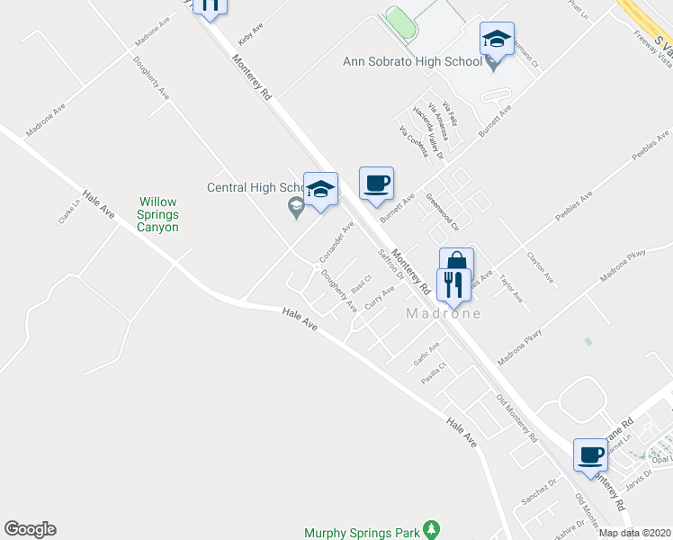 map of restaurants, bars, coffee shops, grocery stores, and more near 181 Fennel Court in Morgan Hill
