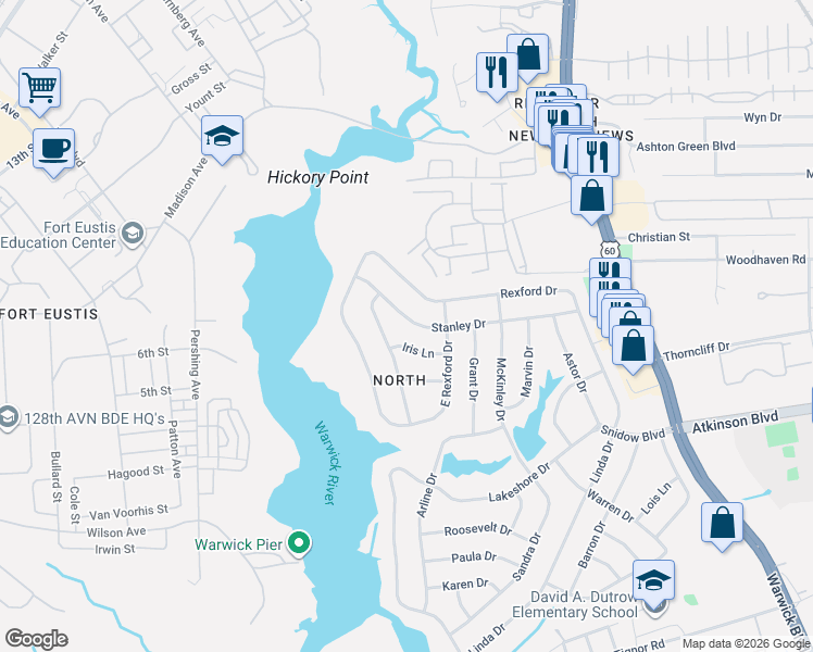 map of restaurants, bars, coffee shops, grocery stores, and more near 85 Stanley Drive in Newport News