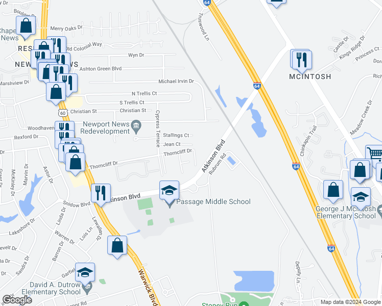 map of restaurants, bars, coffee shops, grocery stores, and more near 515 Mary Robert Lane in Newport News