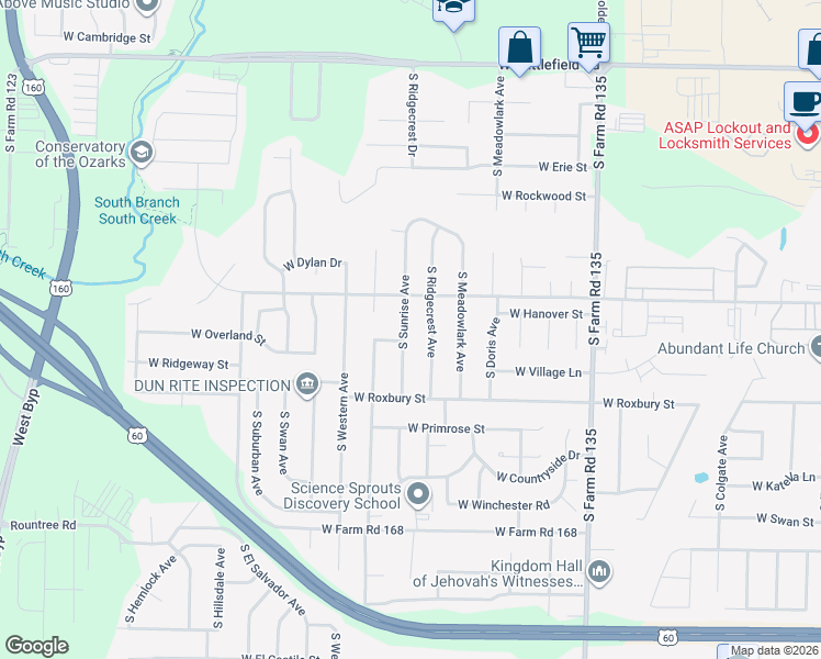 map of restaurants, bars, coffee shops, grocery stores, and more near 3460 South Sunrise Avenue in Springfield