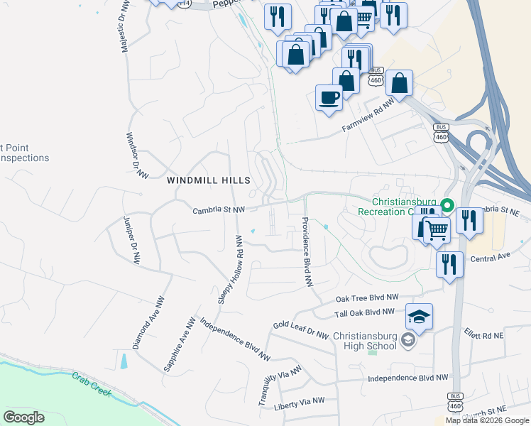 map of restaurants, bars, coffee shops, grocery stores, and more near 600 Cambria Street Northwest in Christiansburg