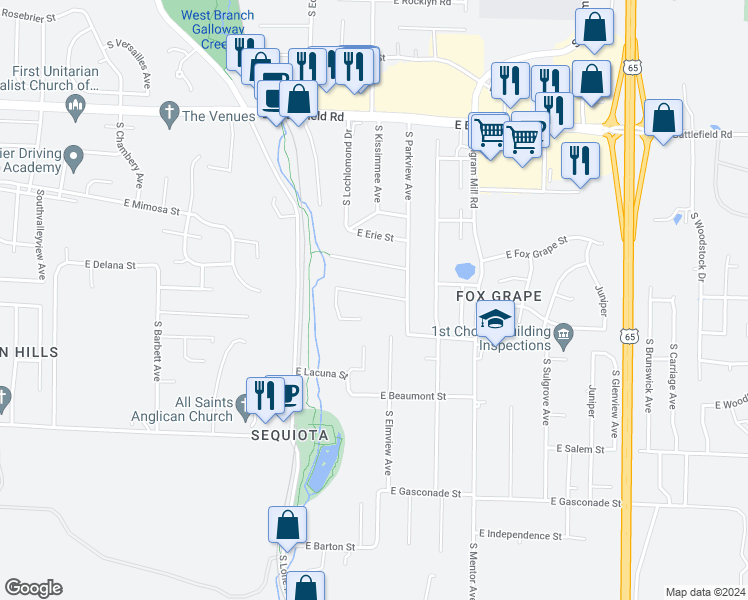 map of restaurants, bars, coffee shops, grocery stores, and more near 3004 East Hawkins Street in Springfield