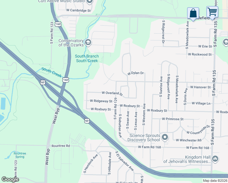 map of restaurants, bars, coffee shops, grocery stores, and more near 3703 West Overland Street in Springfield