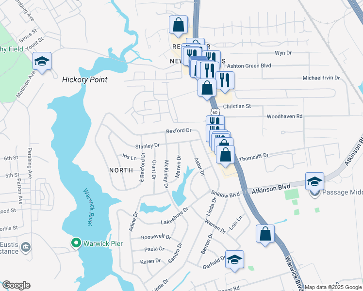 map of restaurants, bars, coffee shops, grocery stores, and more near 30 Marvin Drive in Newport News