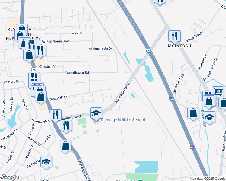 map of restaurants, bars, coffee shops, grocery stores, and more near 520 Mary Robert Lane in Newport News