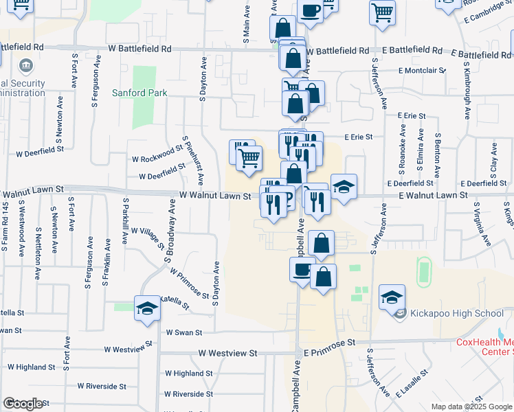 map of restaurants, bars, coffee shops, grocery stores, and more near 500 West Walnut Lawn Street in Springfield