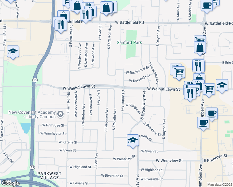 map of restaurants, bars, coffee shops, grocery stores, and more near 3420 South Franklin Avenue in Springfield
