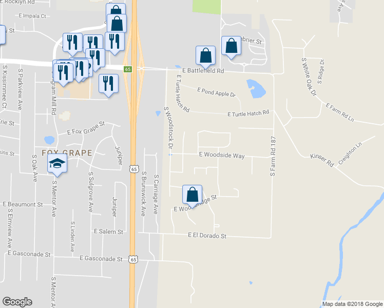 map of restaurants, bars, coffee shops, grocery stores, and more near 3535 East Woodside Way in Springfield