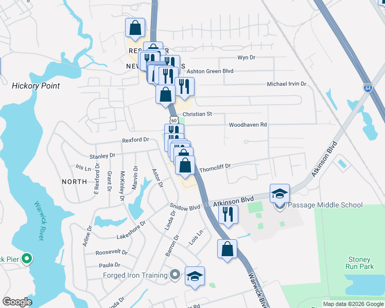 map of restaurants, bars, coffee shops, grocery stores, and more near 15450 Warwick Boulevard in Newport News