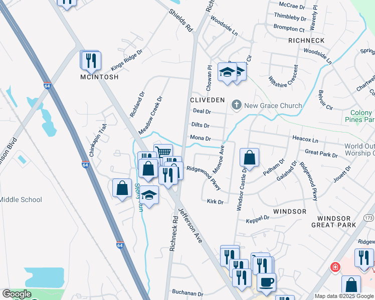 map of restaurants, bars, coffee shops, grocery stores, and more near 9 Julia Terrace in Newport News