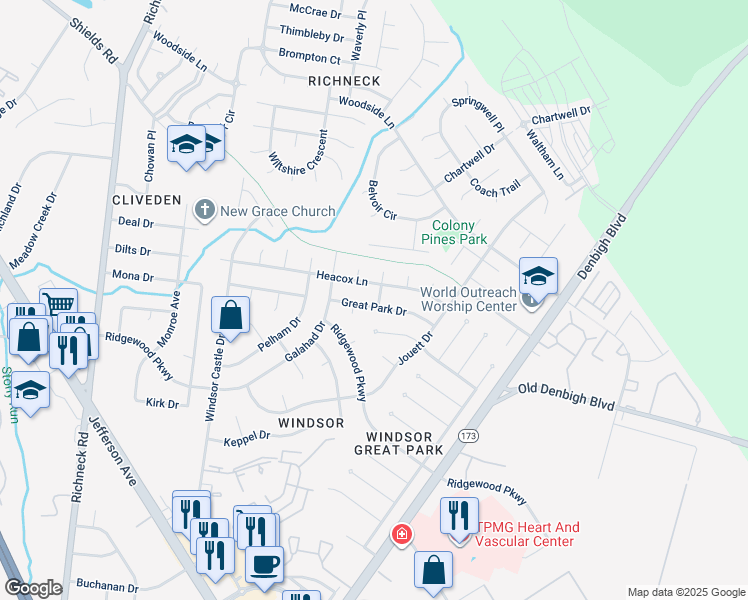map of restaurants, bars, coffee shops, grocery stores, and more near 513 Great Park Drive in Newport News