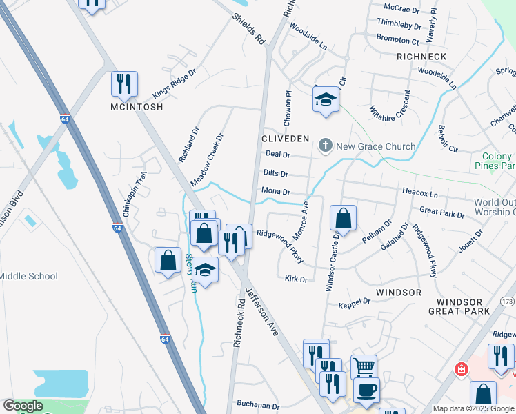 map of restaurants, bars, coffee shops, grocery stores, and more near 9 Julia Terrace in Newport News