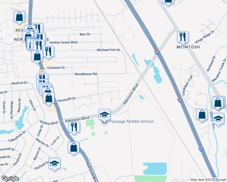 map of restaurants, bars, coffee shops, grocery stores, and more near 520 Thorncliff Drive in Newport News