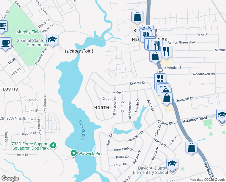 map of restaurants, bars, coffee shops, grocery stores, and more near 75 Stanley Drive in Newport News