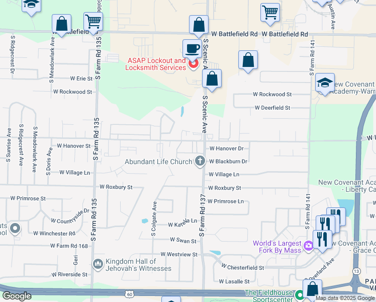 map of restaurants, bars, coffee shops, grocery stores, and more near 3449-3461 South Scenic Avenue in Springfield