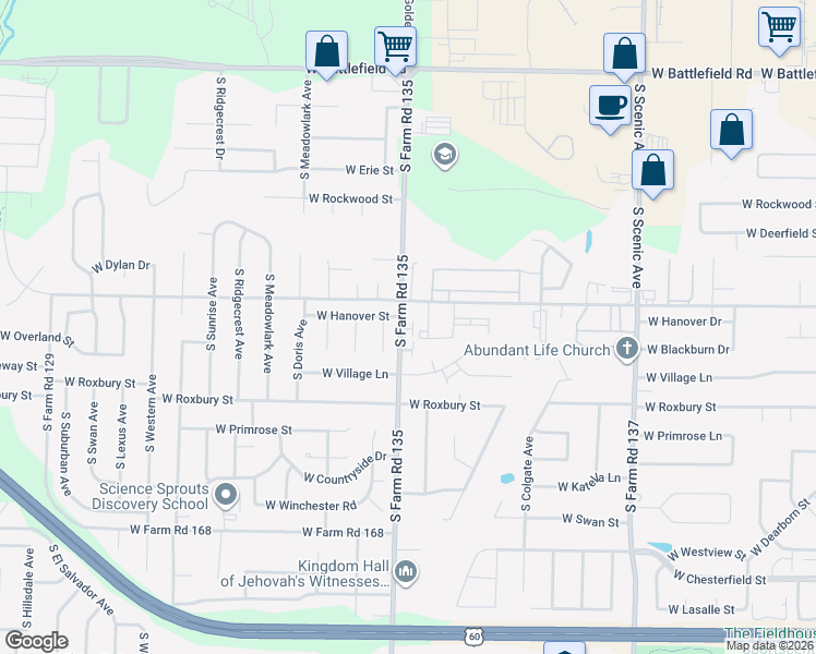 map of restaurants, bars, coffee shops, grocery stores, and more near 3040 West Farm Road 164 in Springfield