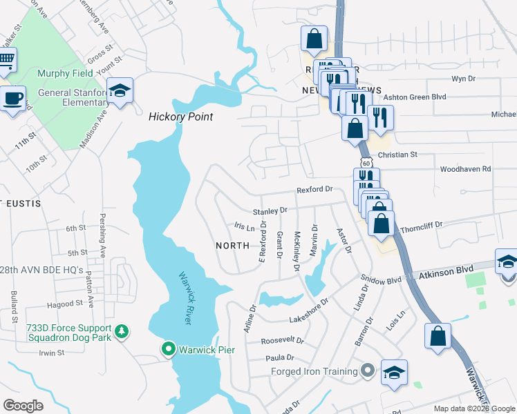 map of restaurants, bars, coffee shops, grocery stores, and more near 75 Stanley Drive in Newport News