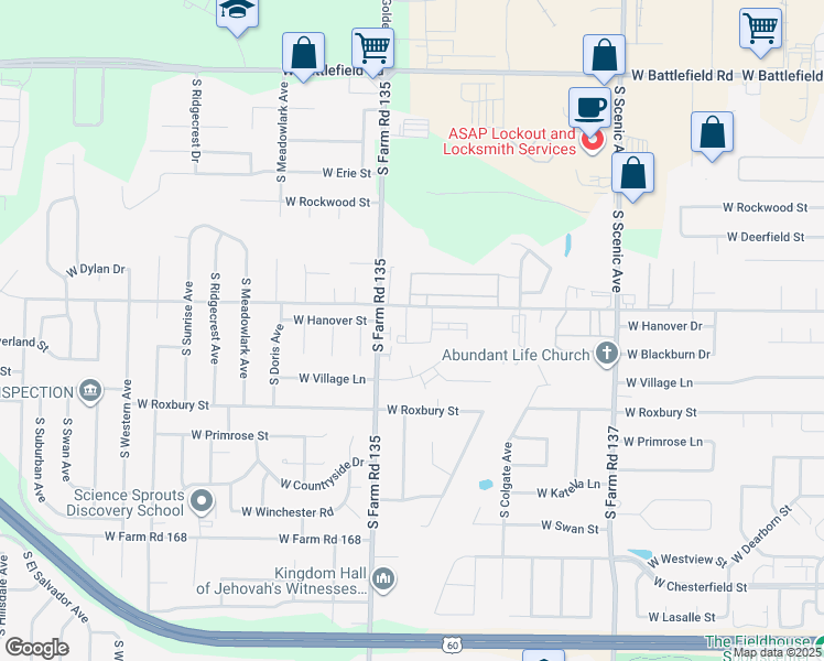 map of restaurants, bars, coffee shops, grocery stores, and more near 3040 West Farm Road 164 in Springfield