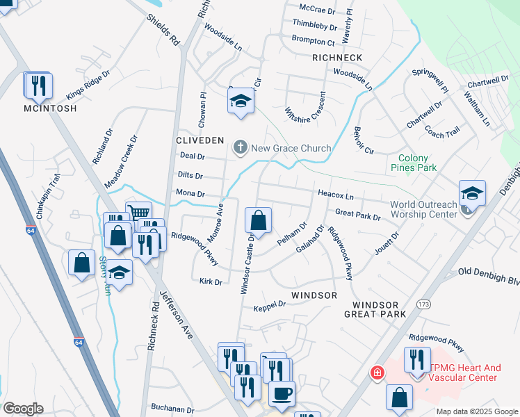 map of restaurants, bars, coffee shops, grocery stores, and more near 228 Windsor Castle Drive in Newport News