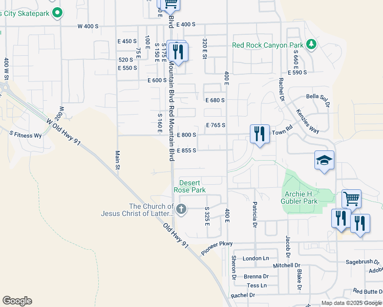 map of restaurants, bars, coffee shops, grocery stores, and more near 270 East 855 South in Ivins