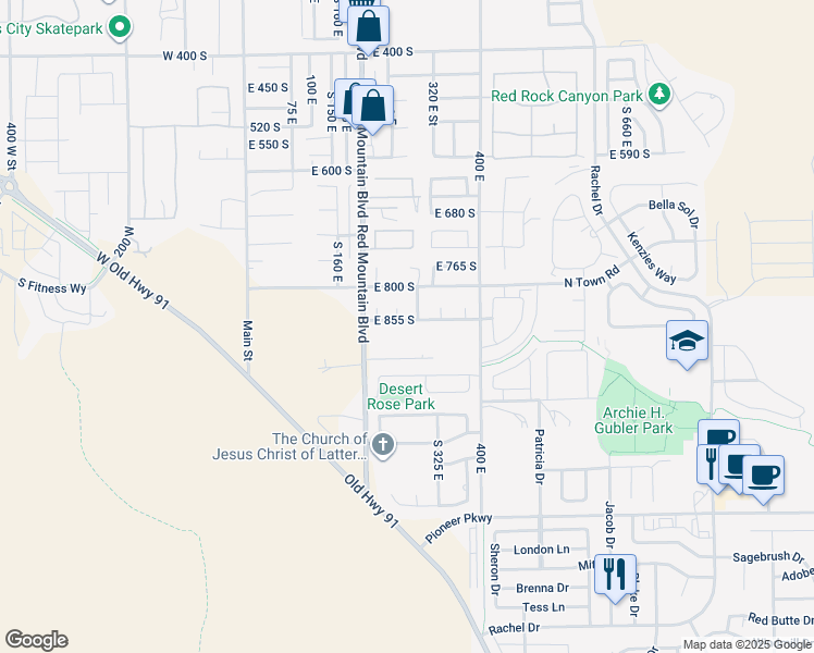 map of restaurants, bars, coffee shops, grocery stores, and more near 270 East 855 South in Ivins