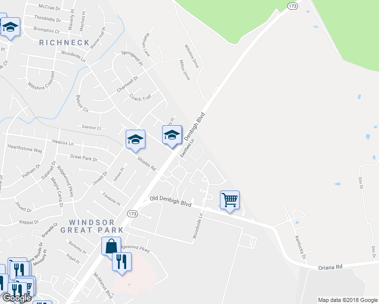map of restaurants, bars, coffee shops, grocery stores, and more near 953 Hollymeade Circle in Newport News