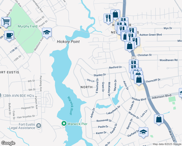 map of restaurants, bars, coffee shops, grocery stores, and more near 85 Stanley Drive in Newport News