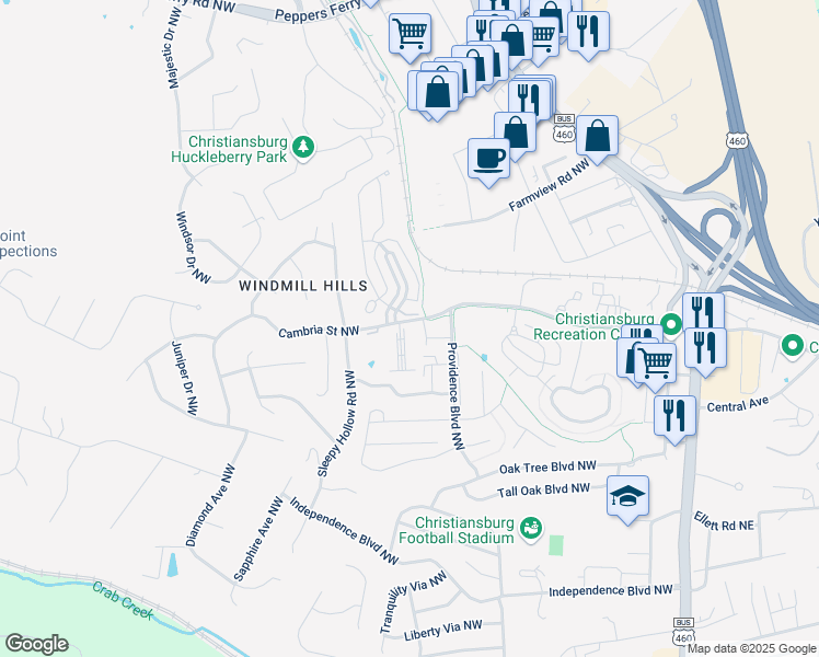 map of restaurants, bars, coffee shops, grocery stores, and more near 1699 York Drive in Christiansburg