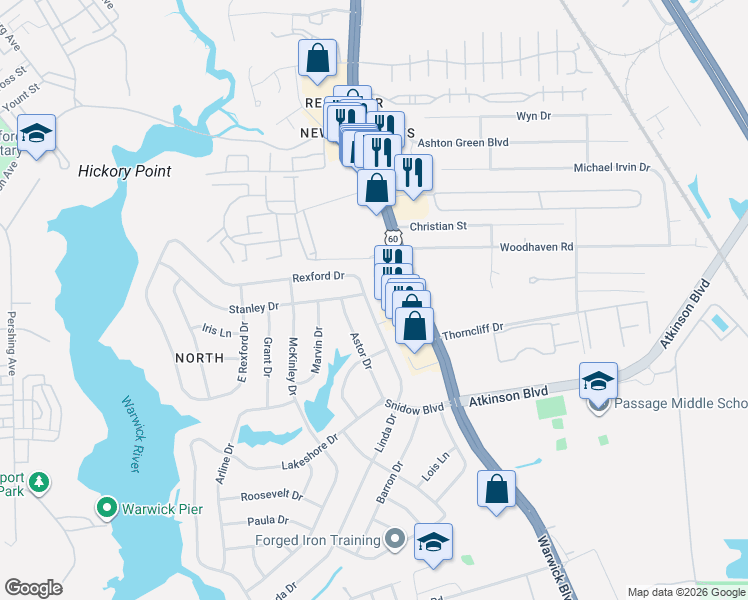 map of restaurants, bars, coffee shops, grocery stores, and more near 15439 Warwick Boulevard in Newport News